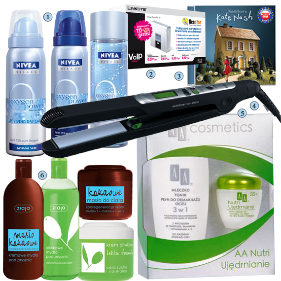Druga nagroda z godziny 14.00
Opis galerii:
1. Zestaw kosmetyków z serii Oxygen Power Nivea Visage: Dotleniający krem na dzień, Dotleniający krem na noc, Dotleniający żel do mycia twarzy, Nivea
2. Płyta