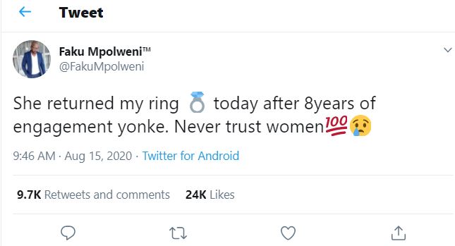 Never trust women; she returned my ring after 8 years of engagement – Heartbroken man