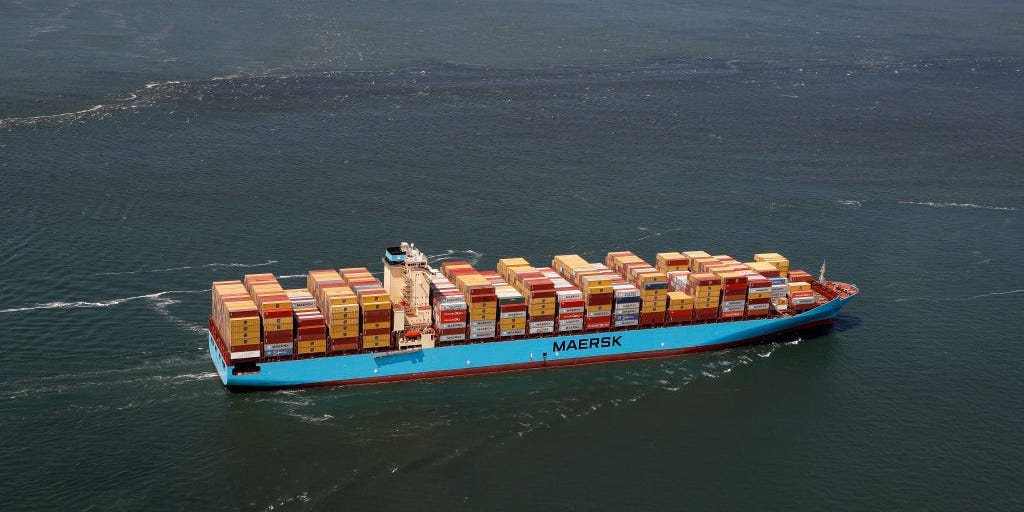 An aerial view of a Maersk shipping container cargo ship in San Francisco Bay on May 30, 2023 in San Francisco, California.Brandon Sloter/Getty Images
