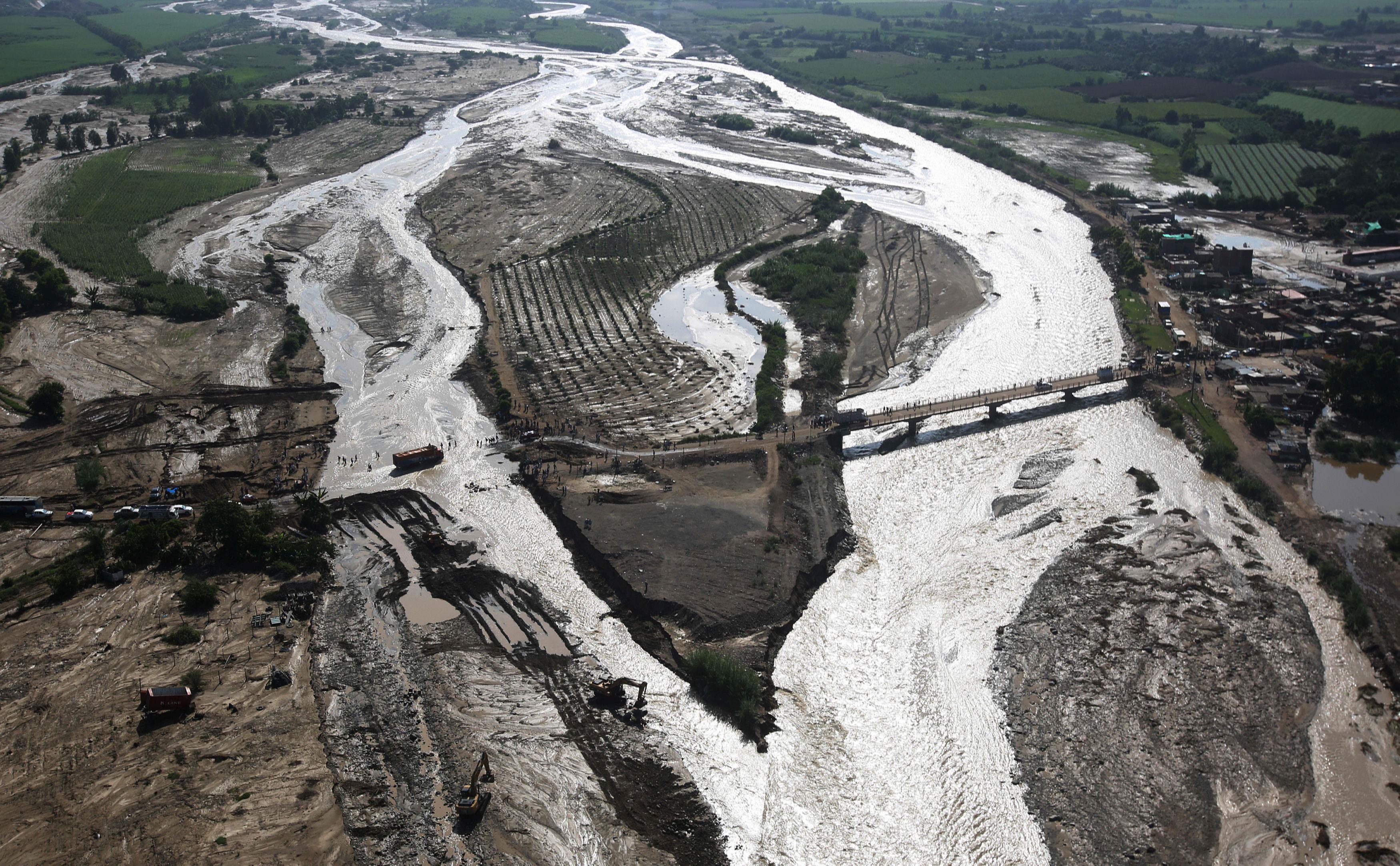 Aerial view of a collapsed road after a massive landslide and flood in Trujillo