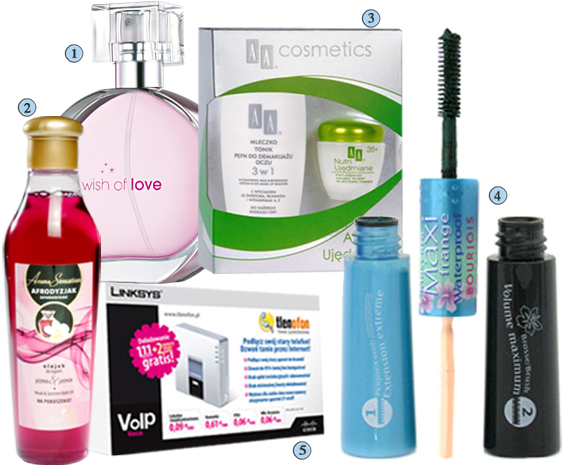 Druga nagroda z godziny 9.00
Opis galerii:
1. Kwiatowo-owocowa Woda toaletowa Wish of Love (dla niej) z ciepłymi akcentami piżmowymi, Avon
2. Olejek do kąpieli Aroma Sensation – Afrodyzjak, Bielenda,
3. Zestaw kosmetyków AA Nutri Ujędrnianie: Krem na dzień cera tłusta i mieszana oraz 3w1 mleczko, tonik, płyn do demakijażu, Oceanic
4. Tusz do rzęs Maxi Frange, Bourjois
5. Linksys PAP2T Tlenofon, Bramka VoIP umożliwiająca prowadzenie rozmów telefonicznych bez włączonego komputera. Wraz z bramką użytkownik otrzymuje: 111 minut rozmów, dwa numery stacjonarne z 43 stref, pocztę głosową, billing online, naliczanie sekundowe