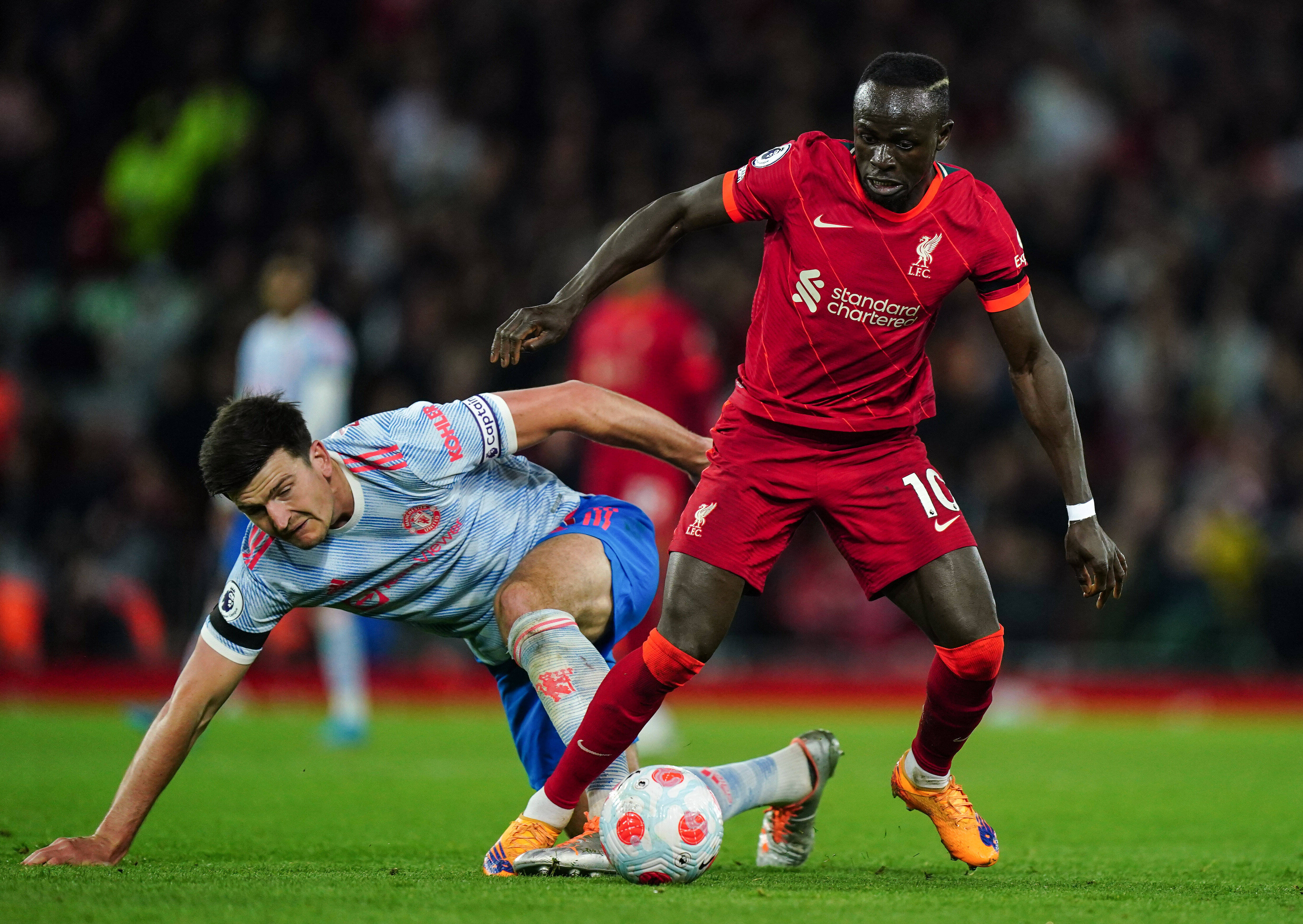 Sadio Mane torments Manchester United skipper Harry Maguire during the 4-0 win at Anfield.