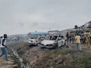  A picture of the incident area involving tanker explosion at Iju-Ishaga on Thursday in Lagos.