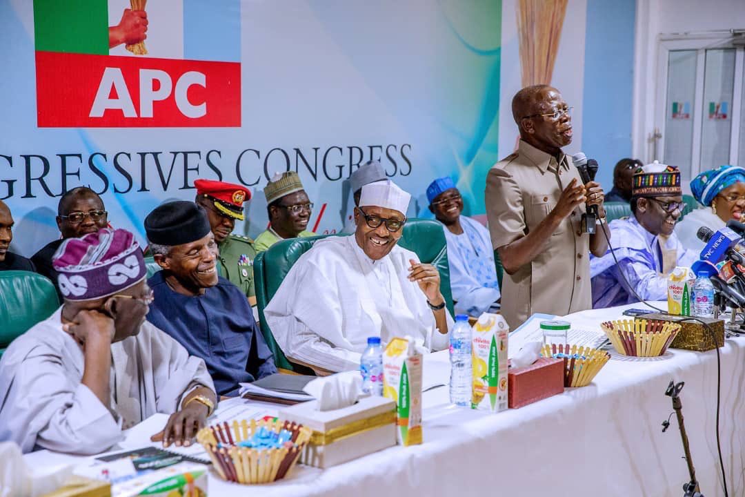 President Muhammadu Buhari, Vice President Yemi Osinbajo, APC Chairman Adams Oshiomhole and the party's national leader siwaju Bola Ahmed Tinubu at the APC Caucus meeting in Abuja on Monday, February 18, 2019