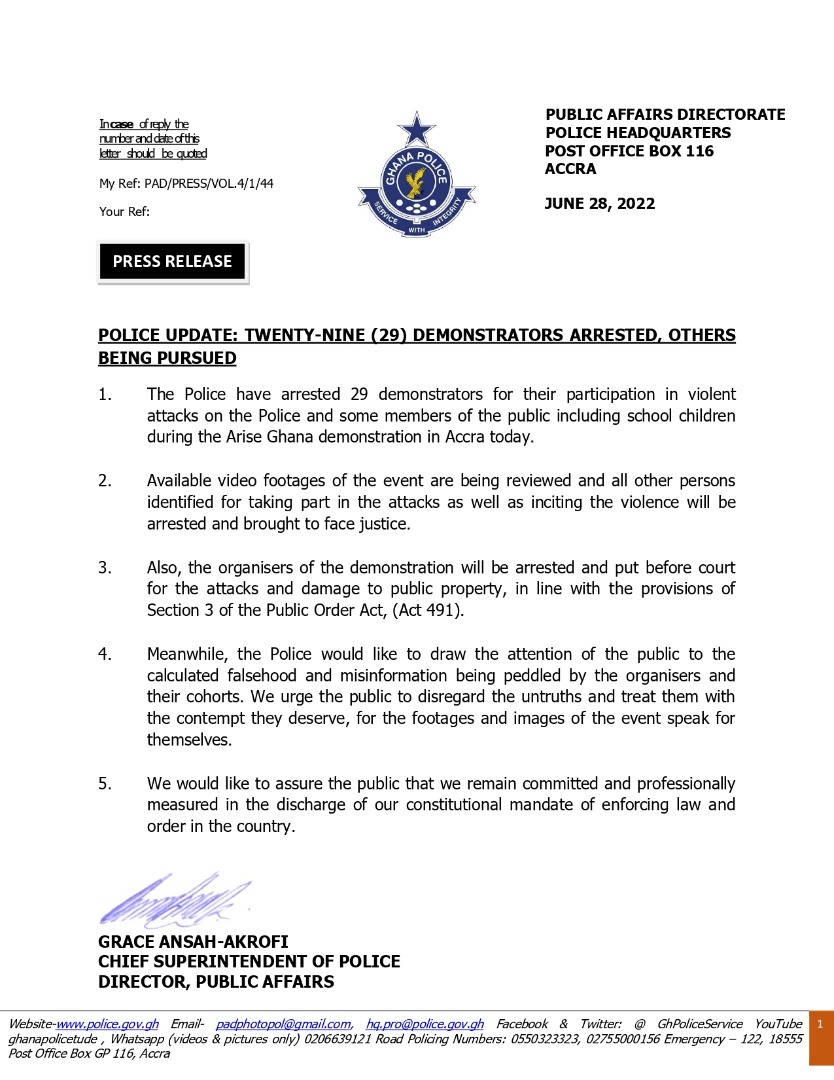 29 ‘Arise Ghana’ demonstrators arrested; organizers to be charged in court – Police