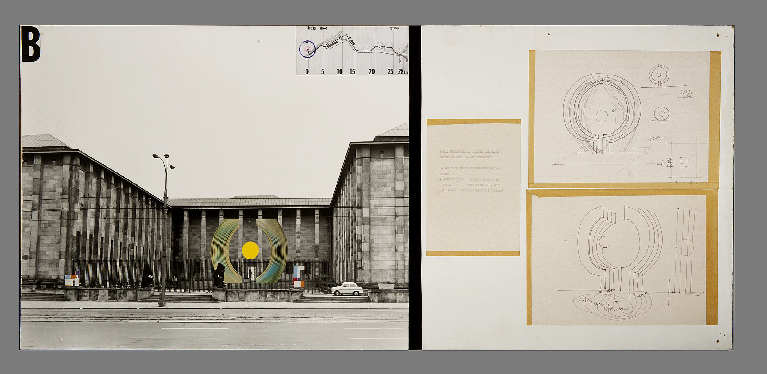 Marian Bogusz Projekt wejścia do Muzeum Narodowego od strony Alei Jerozolimskich, 1971 kolaż, fotografia, druk, flamaster, papier na sklejce, 50 x 110 cm, Muzeum Narodowe w Warszawie