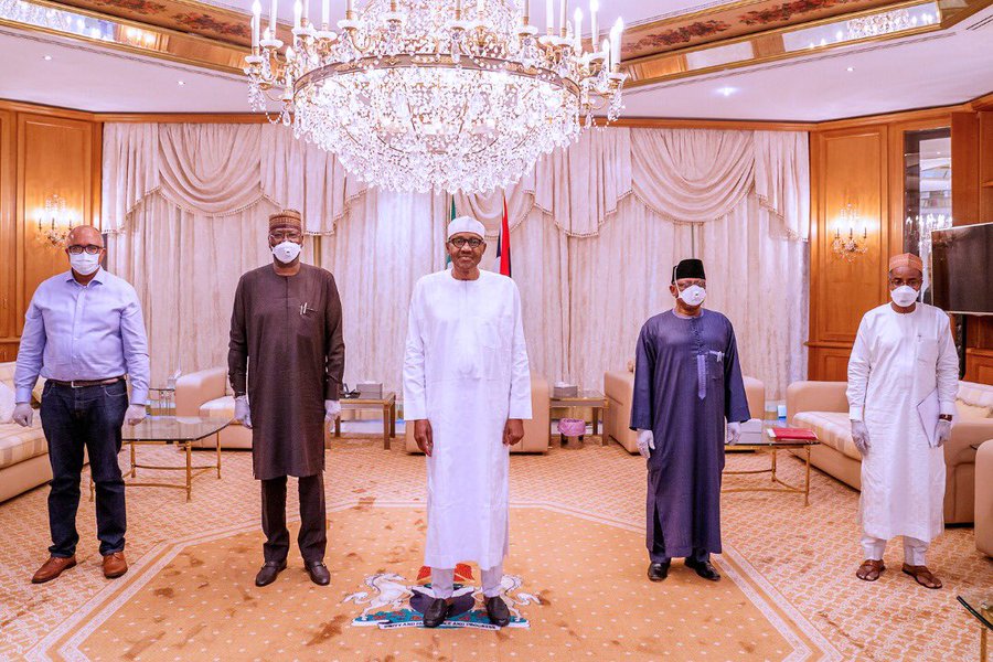 The Presidential Task Force on Control of COVID-19 led by Boss Mustapha (2nd from left) and Ehanire (2nd from right) briefed President Buhari on Friday, April 10, 2020 (Twitter @Mbuhari)
