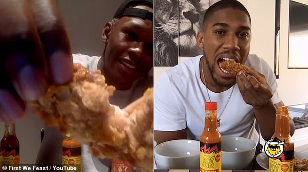 Israel Adesanya and Anthony Joshua tried out spicy sauce and chicken wings on the show (Youtube/First we Feast)