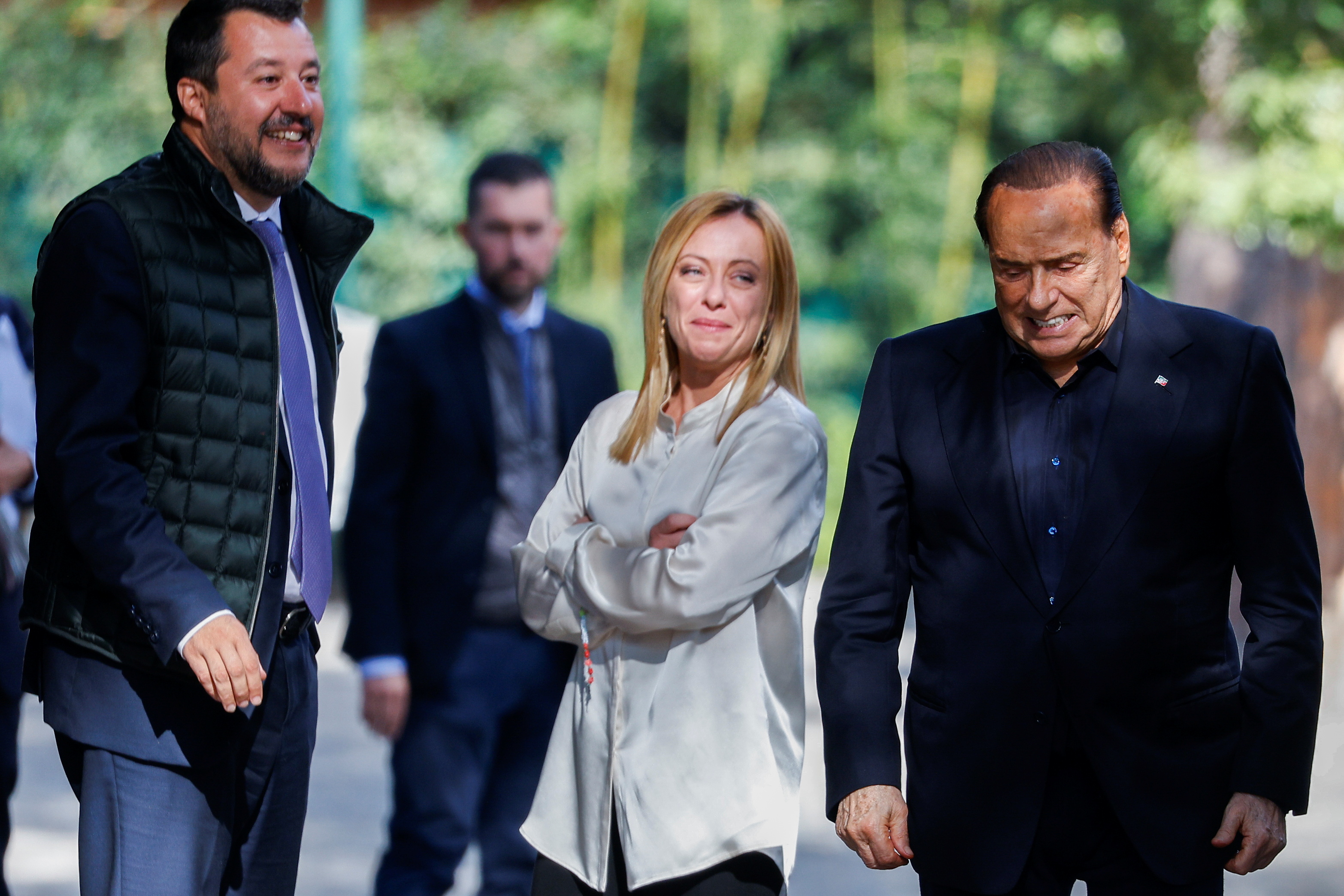 Od lewej: Matteo Salvini, Giorgia Meloni i Silvio Berlusconi. Rzym, 20.10.2021 r.