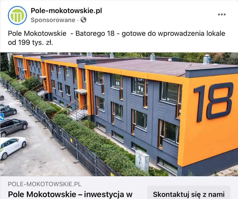 Reklama inwestycji wyświetlana na Facebooku