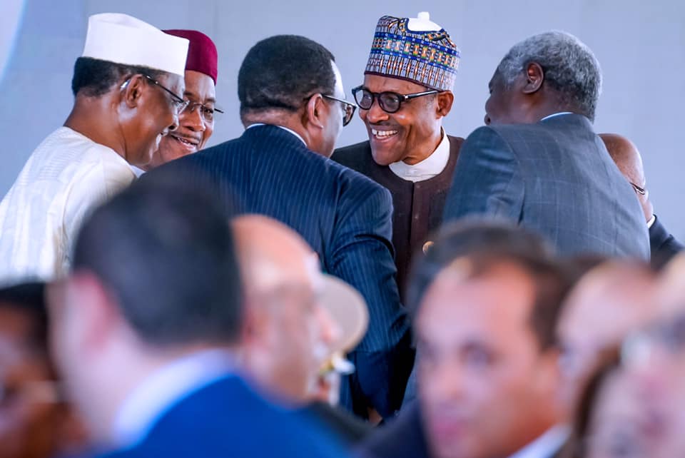 President Buhari alongside President Idris Deby of Chad, President Mahamadou Issoufou of Niger, Chairperson of AU Commission Moussa Faki Mahamat and President of AfDB Akinwunmi Adesina during the Program of ASWAN Forum on Peace and Sustainable Development in Africa on 11th Dec 2019