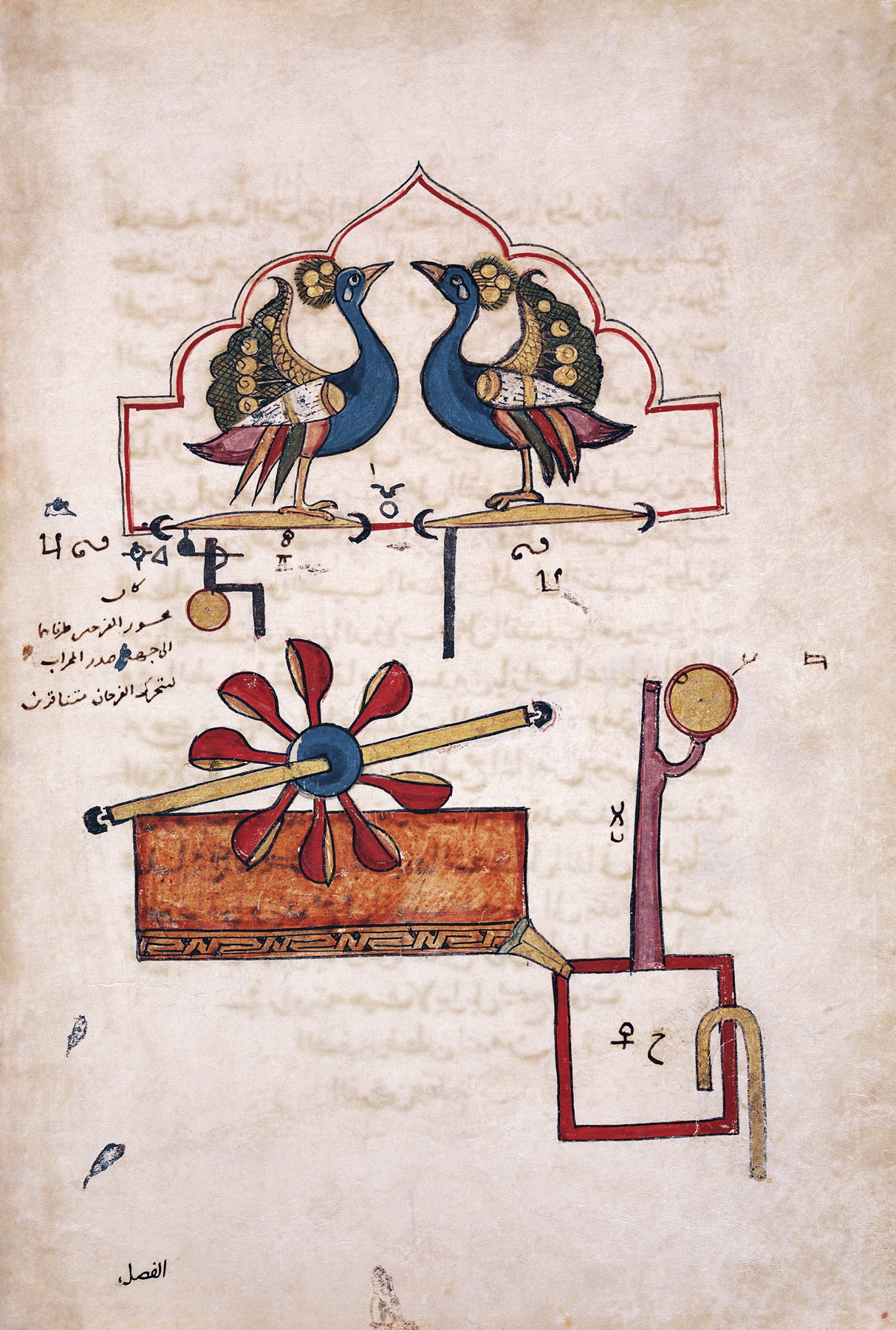Zegar wodny Paw. Ilustracja z 1315 r. z „Księgi wiedzy o pomysłowych urządzeniach mechanicznych” islamskiego uczonego Ismaila al-Dżazariego