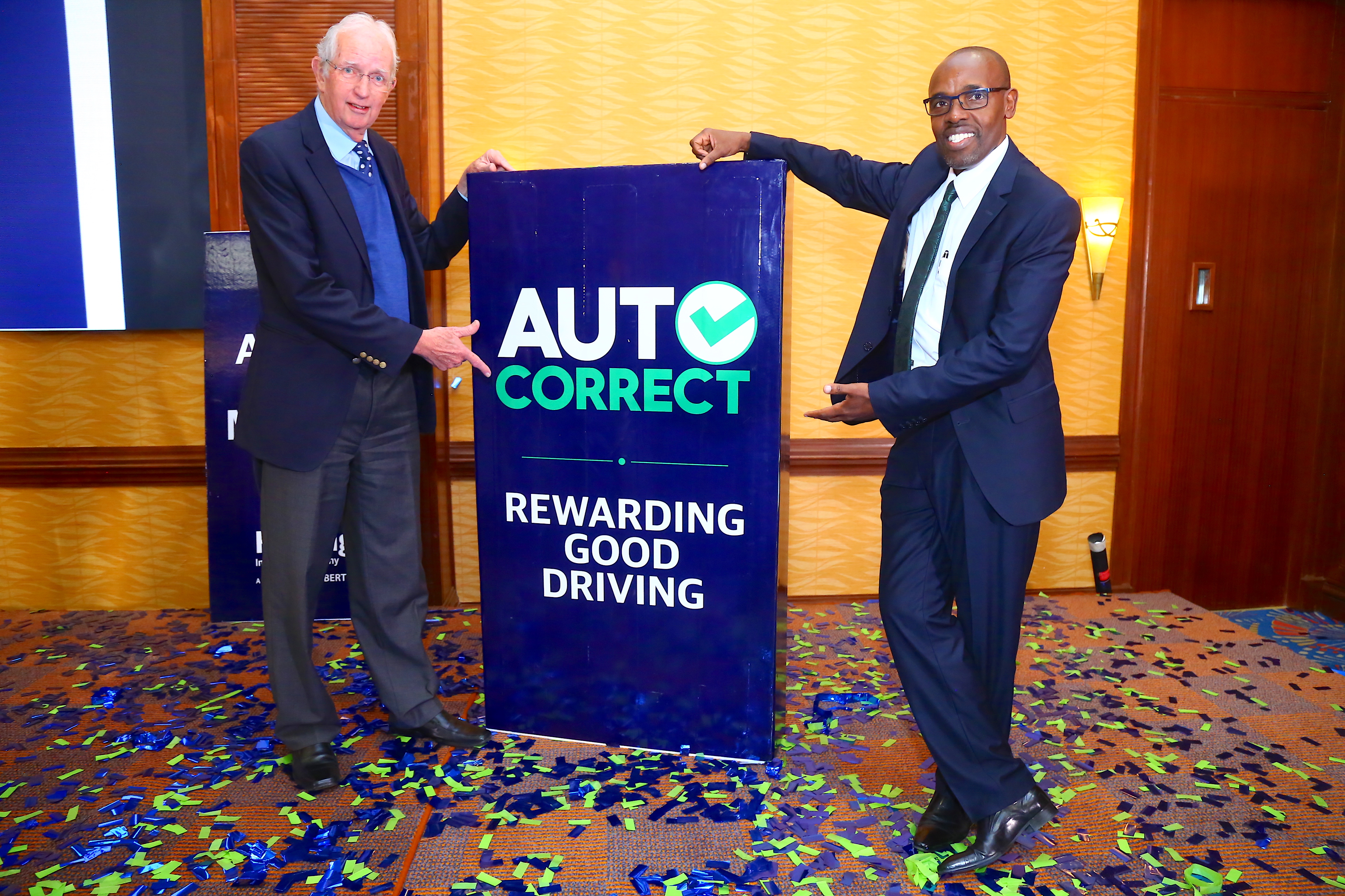 Heritage Insurance Kenya Managing Director Godfrey Kioi and  its Non-Executive Director Gayling R. May during the launch of the Auto Correct solution in Nairobi.