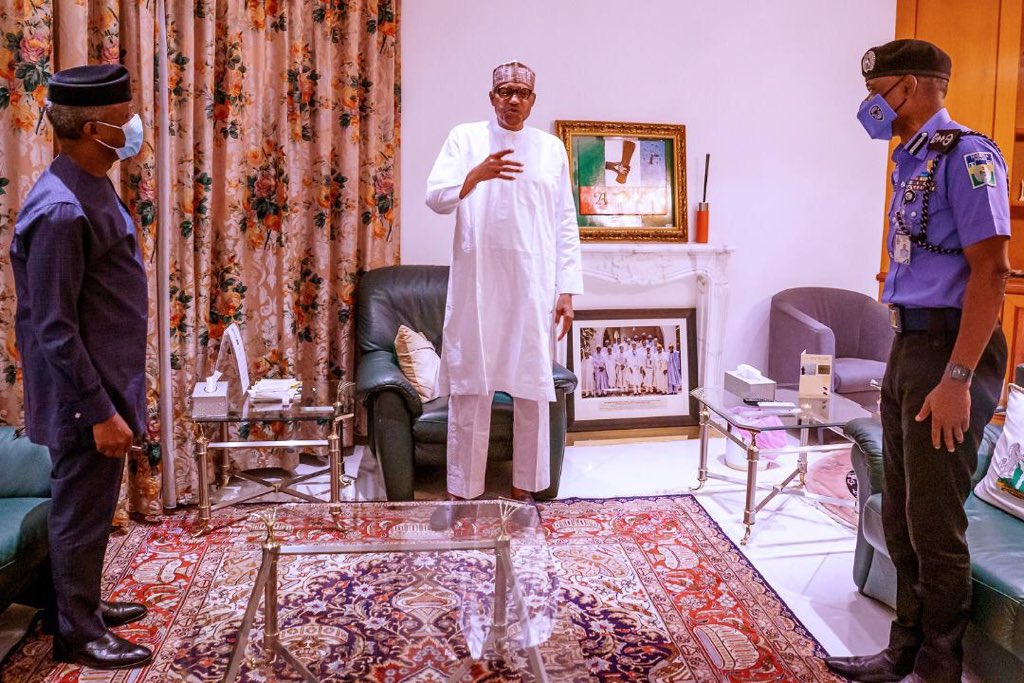 President Muhammadu Buhari receiving updates on #ENDSARS protests from Vice President, Prof Yemi Osinbajo and the Police IG, Mohammed Adamu. (MBuhari/Twitter)