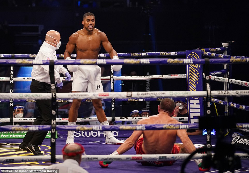 Anthony Joshua fell Kubrat Pulev three times in the fight (Dave Thompson Matchroom Boxing)