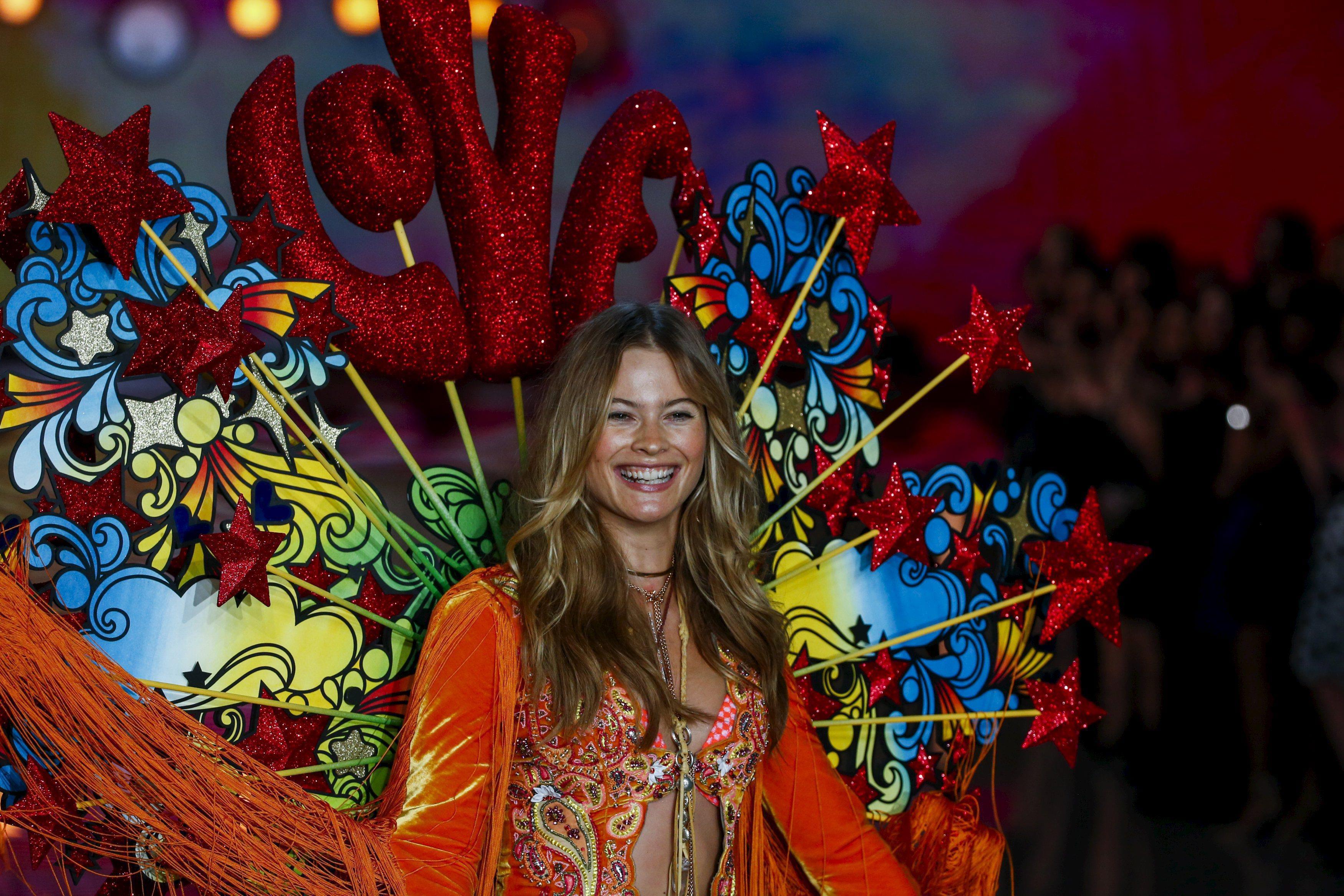Model Behati Prinsloo presents a creation during the 2015 Victoria's Secret Fashion Show in New York