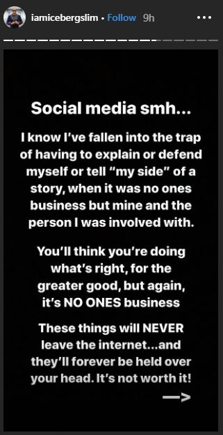 Iceberg Slim says he regrets announcing that he cheated on Juliet Ibrahim on social media as he slams those who wouldn't stop dragging him for it. [Instagram/IcebergSlim]