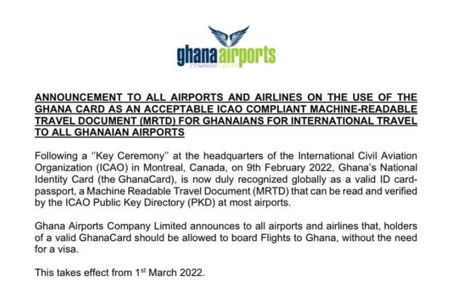 GACL tells Airports/Airlines to allow Ghana Card holders board flights home without Visa
