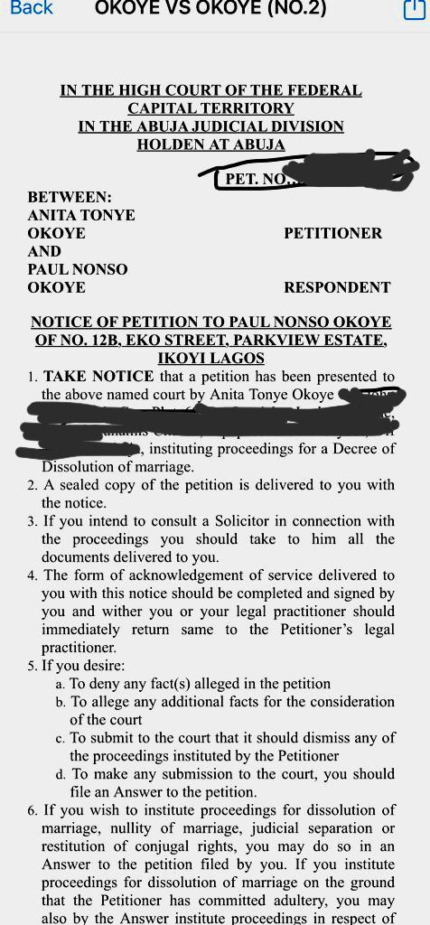  Anita has requested the dissolution of their marriage.