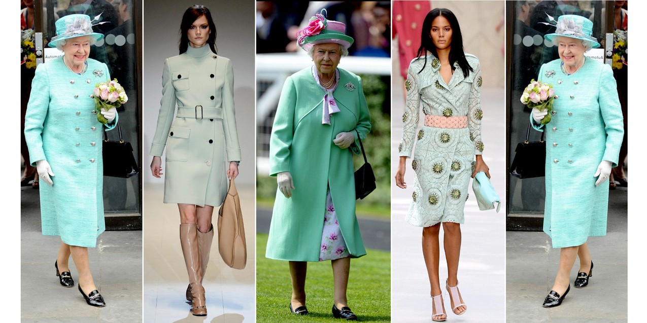 Miętowe płaszcze królowej /Gucci / Burberry Prorsum