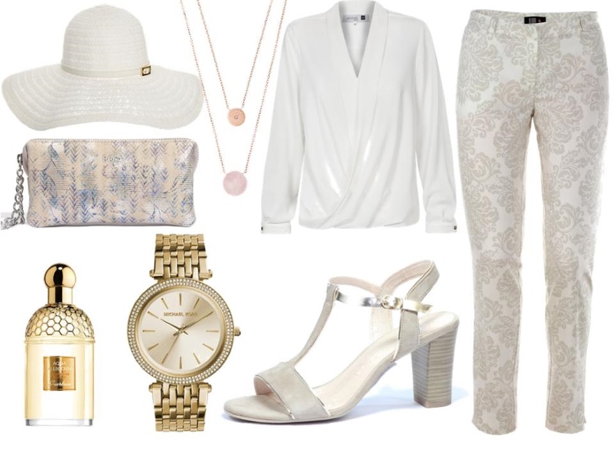 Spodnie – Midori/midori.pl, koszula – Jelonek/jelonekm.pl, buty – Caprice/caprice.pl, torebka – Boca/boca.pl, naszyjnik – Michael Kors, polyvore.com, zegarek – Michael Kors, polyvore.com, perfumy – Guerlain/sephora.pl, kapelusz – MELISSA ODABASH/polyvore.com
