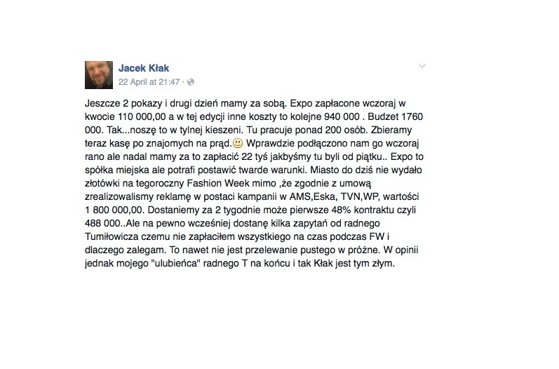 Post z Facebooka Jacka Kłaka