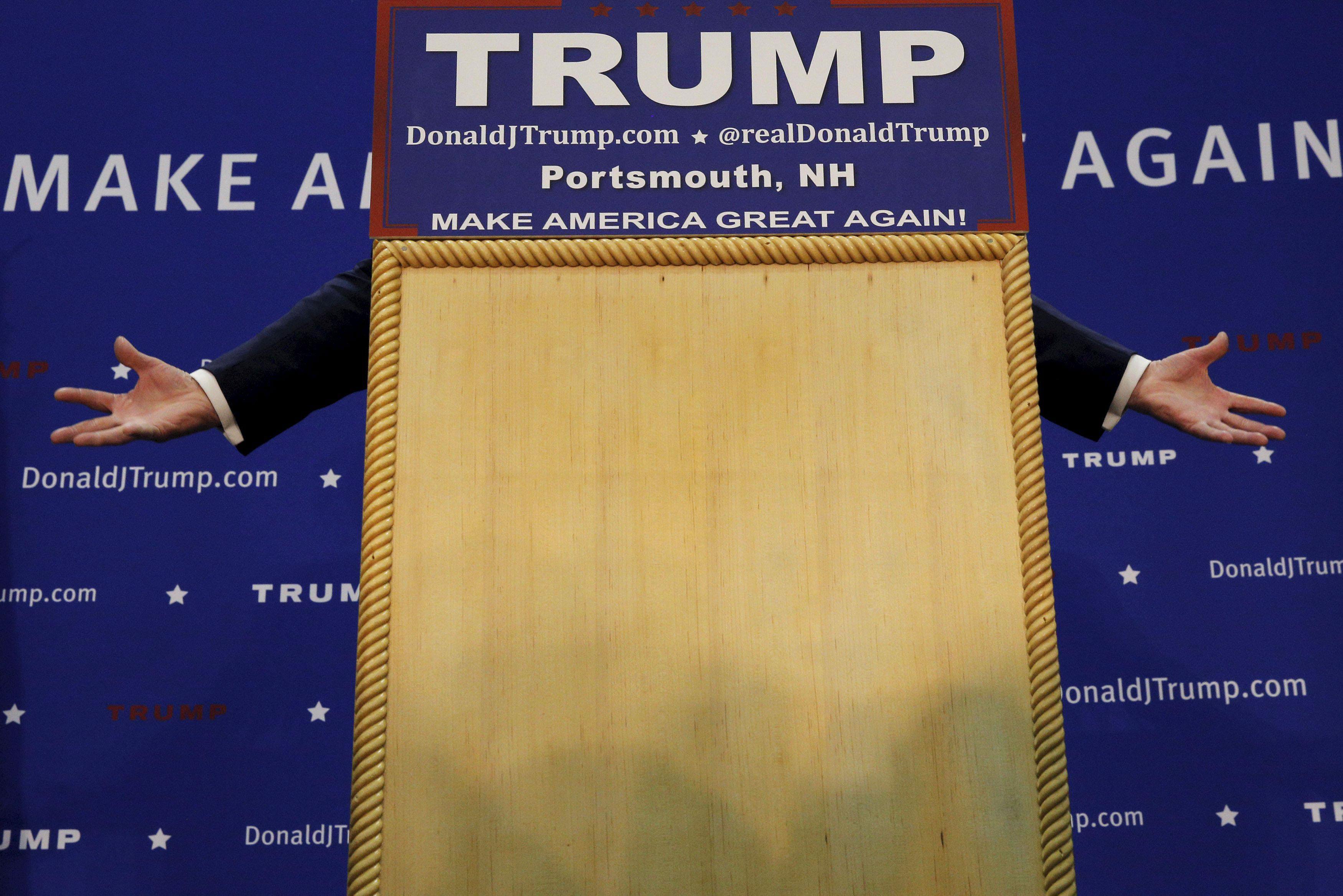 U.S. Republican presidential candidate Donald Trump speaks during a campaign rally in Portsmouth