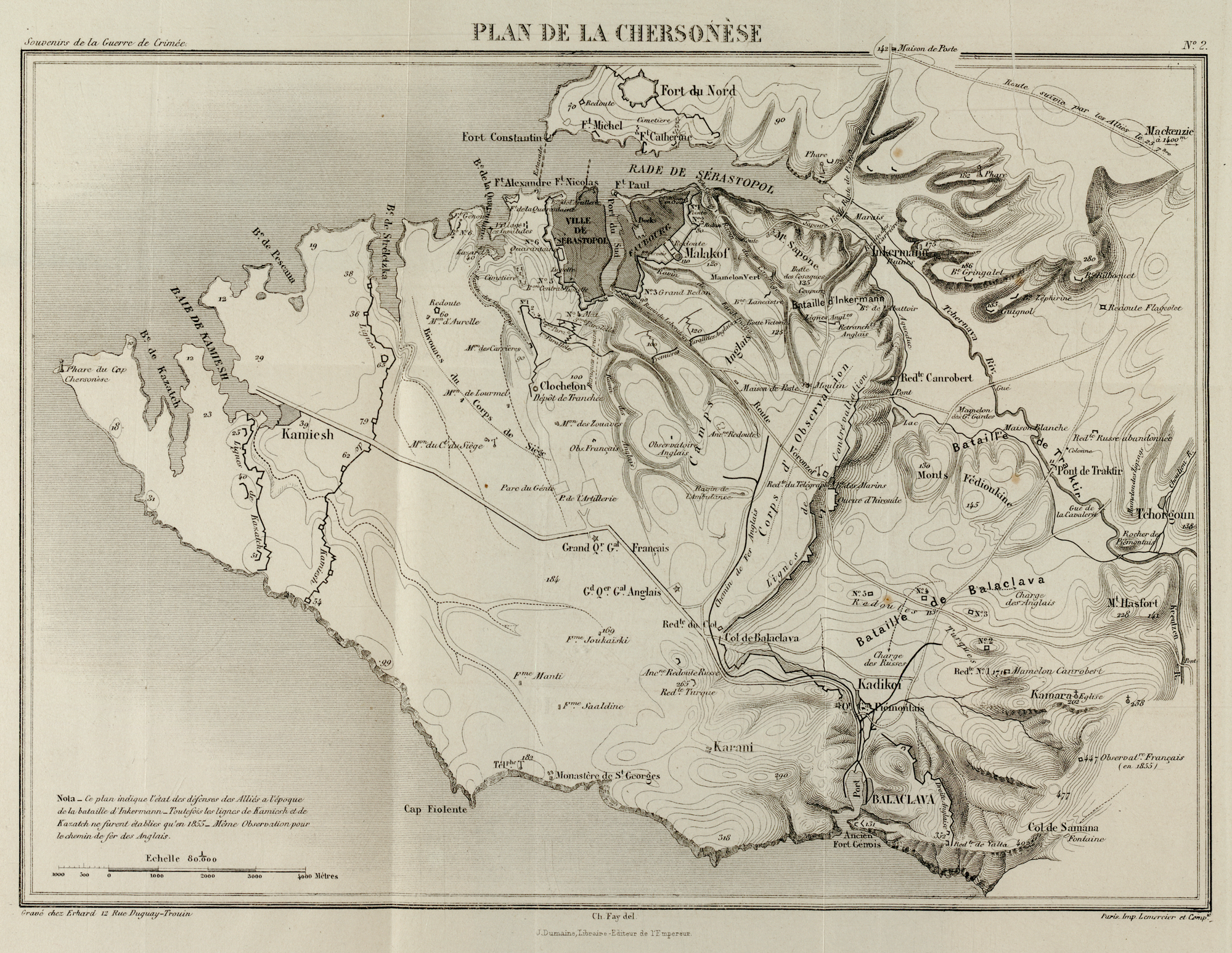 Francuska mapa wojskowa z 1855 roku, pokazująca okolice Sewastopola (u góry, w środku) i Bałakławę (w prawym dolnym rogu). Schematycznie zaznaczono przebieg bitwy pod Bałakławą