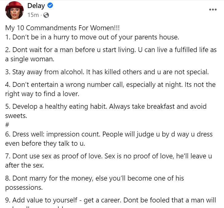 Don’t use sex as proof of love - Delay advises women in \'10 commandments\'