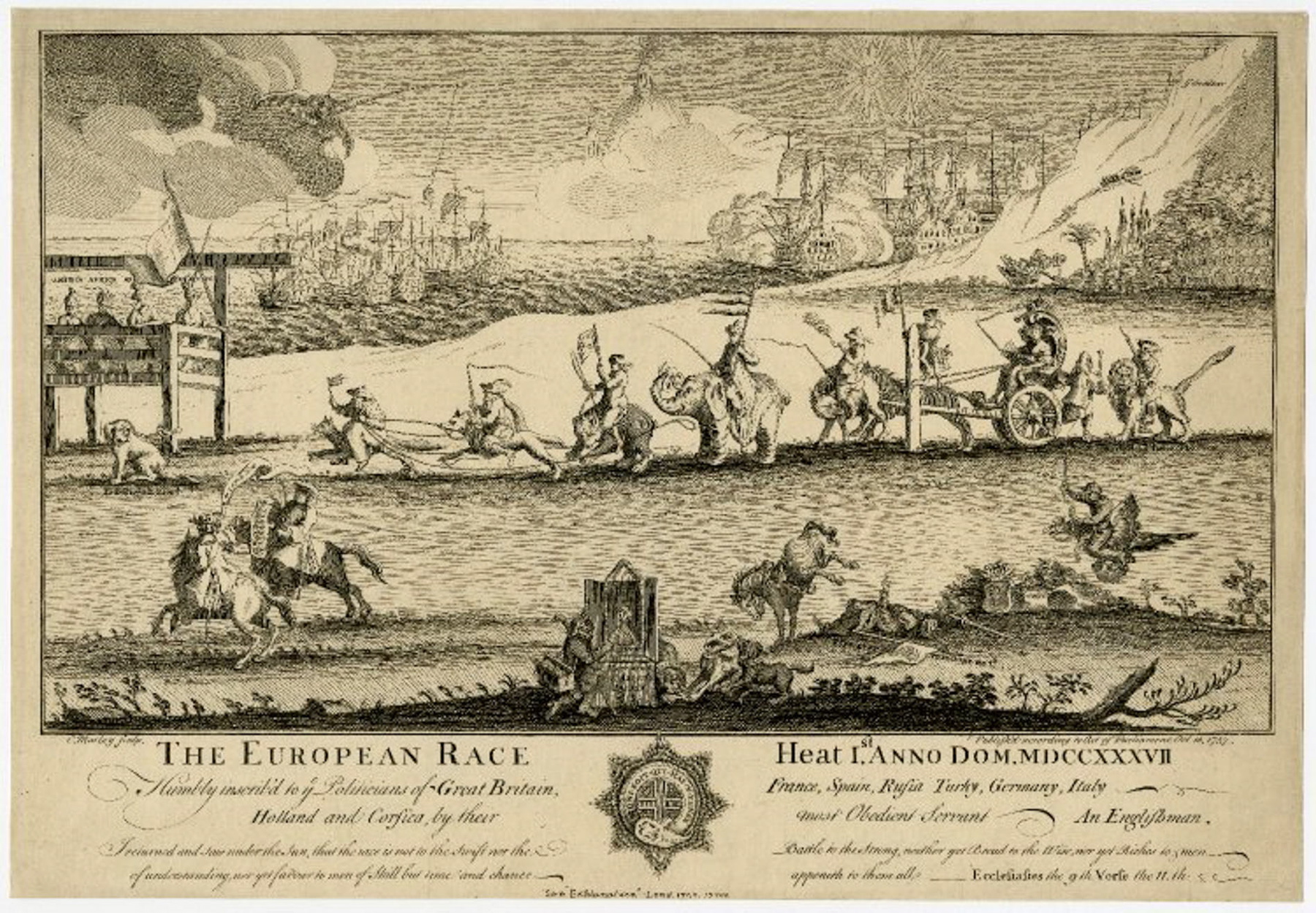 „Europejski wyścig. Gonitwa I”, pierwsza poświęcona Rosji satyryczna ilustracja, z niedźwiedziem, 10 października 1737 r.