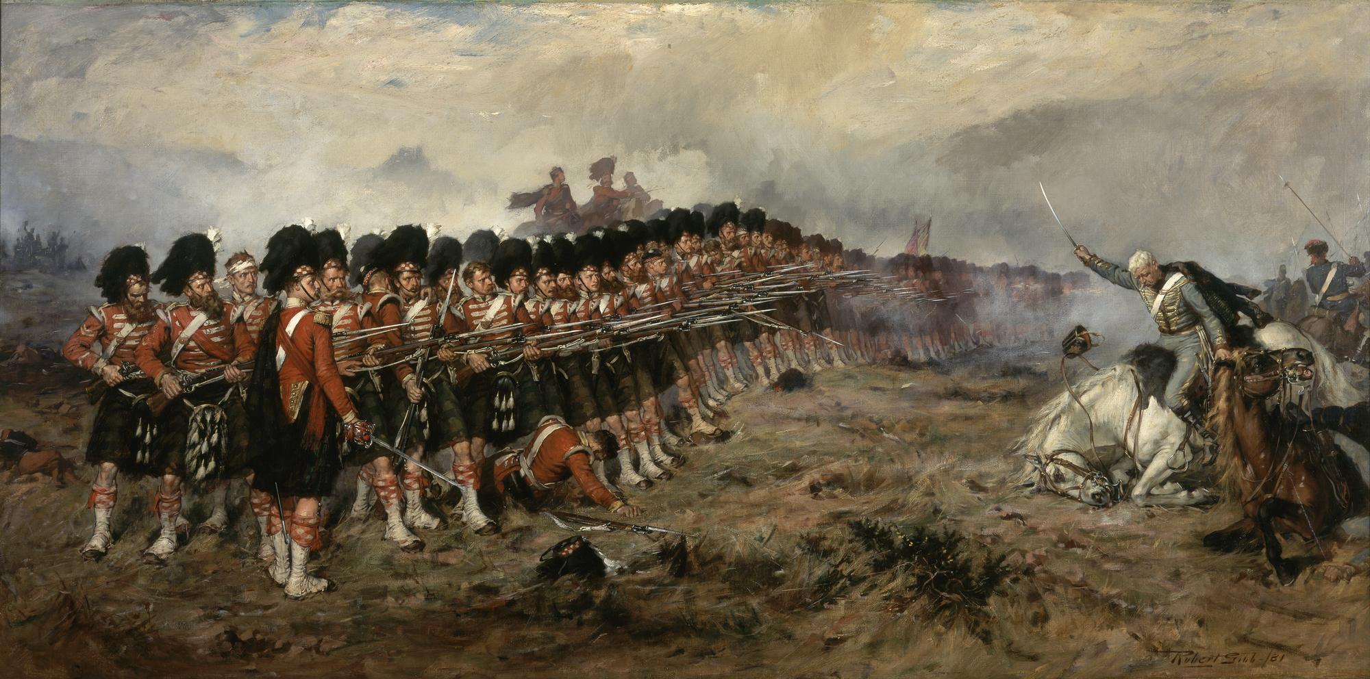 „Cienka czerwona linia”. Żołnierze 93. Pułku Szkockiego odpierają rosyjską szarżę. Obraz z konca XIX wieku