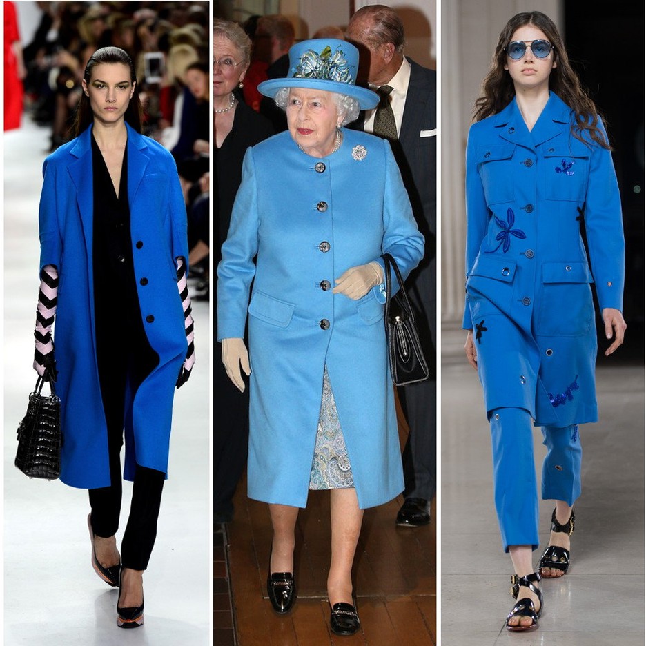 Niebieski płaszczyk Elżbiety II / Dior jesień-zima 2014/15/ Jonathan Saunders wiosna 2015