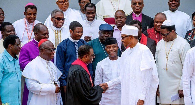 President Muhammadu Buhari and Vice-President Yemi Osinbajo after meeting with the leaders of the Christian Association of Nigeria (CAN) in Abuja [Twitter/ @RipplesNG]