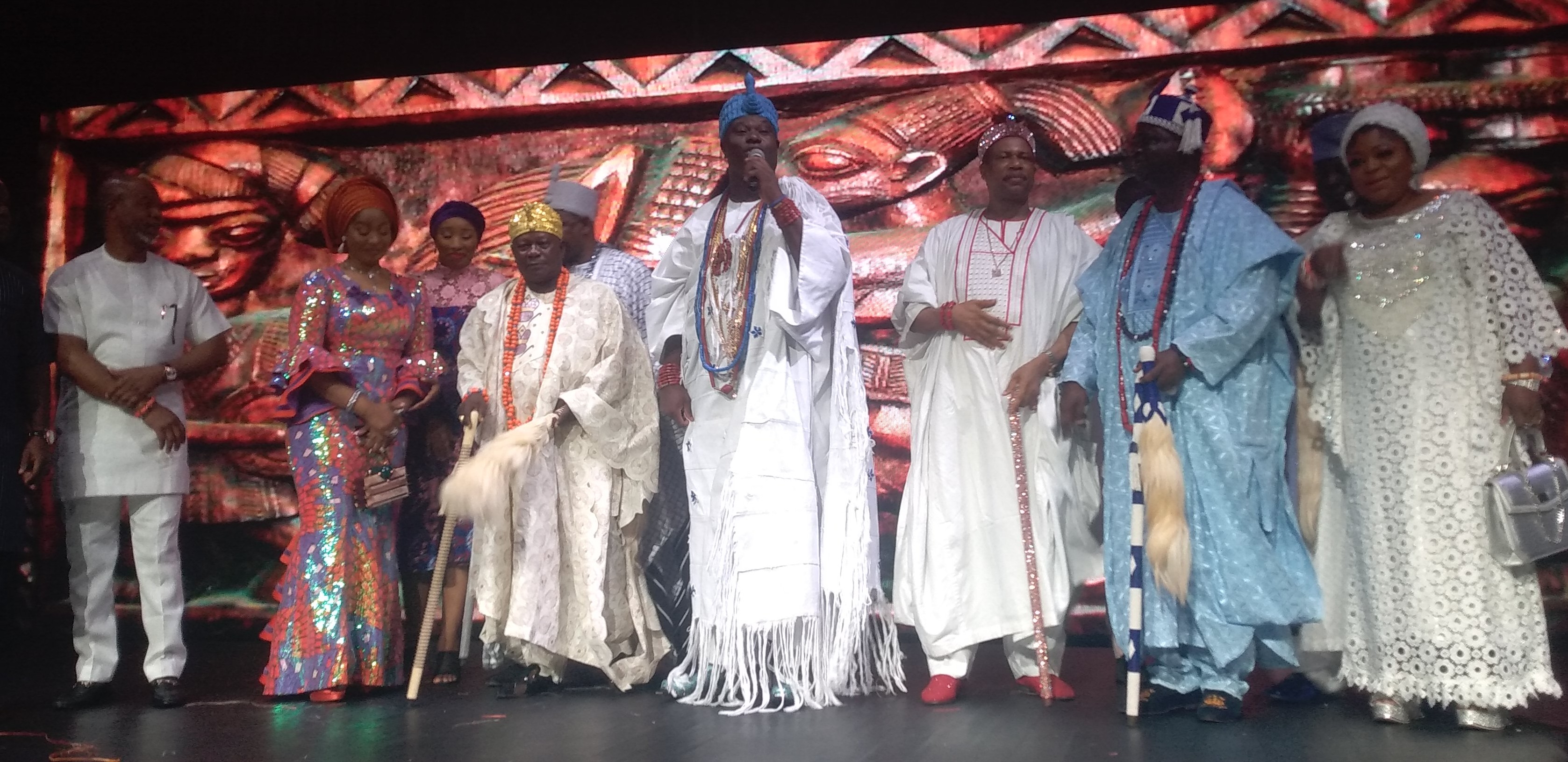 The Ooni of Ife, in company of dignitaries and celebrities at the second edition of Queen Moremi Ajasoro musicals on Dec. 24 in Lagos. [NAN]