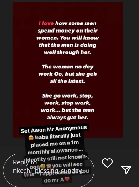 Nkechi Blessing bragged about a man placing her on a one million naira monthly allowance.
