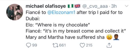 Michael Olafisoye highlights conversation his wife had with reality TV star, Elozonam [Twitter/DemoUK]