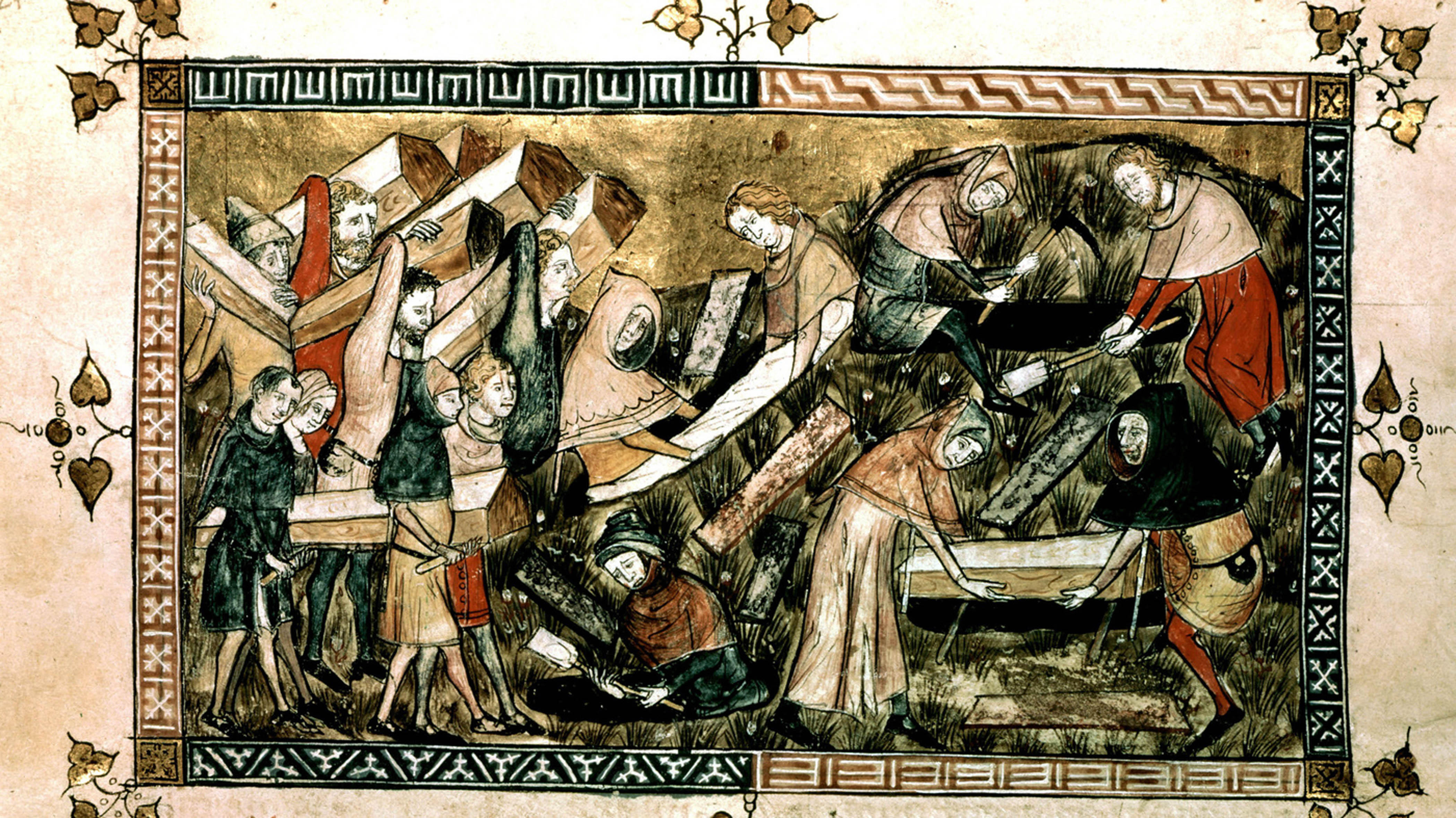 Jeden z pierwszych znanych obrazów zarazy. Wykonany w 1349 r. Przedstawia ludzi niosących trumny zmarłych z powodu czarnej śmierci w Tournai, mieście w dzisiejszej Belgii.