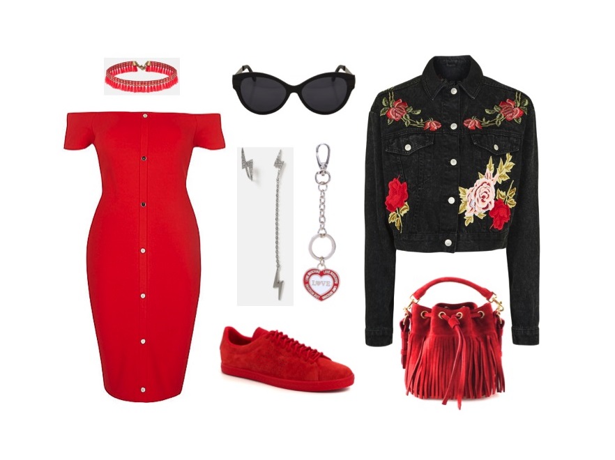 Sukienka: River Island; kurtka: Topshop; torba: Romwe.com; naszyjnik: New Look; okulary: H&M; kolczyki: Topshop; breloczek: Moschino; buty: Le Coq Sportif.
