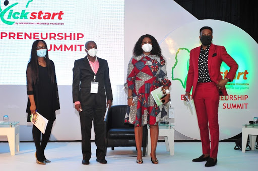 L-R: people director, International Breweries Plc, Marilyn Maduka; senior lecturer and director, Entrepreneurship Centre, Federal University of Technology, Minna, Prof Olalekan Busra; Founder and principal, OSC College of fashion, sola Babatunde and lawyer and Tv host, Ebuka Obi- Uchendu at the kickstart Entrepreneurship summit held in Lagos