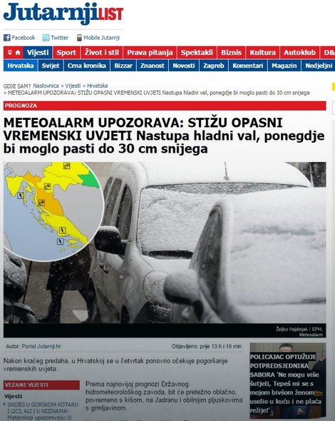 Hrvatski "Jutarnji list" najavljuje 30 cm snega