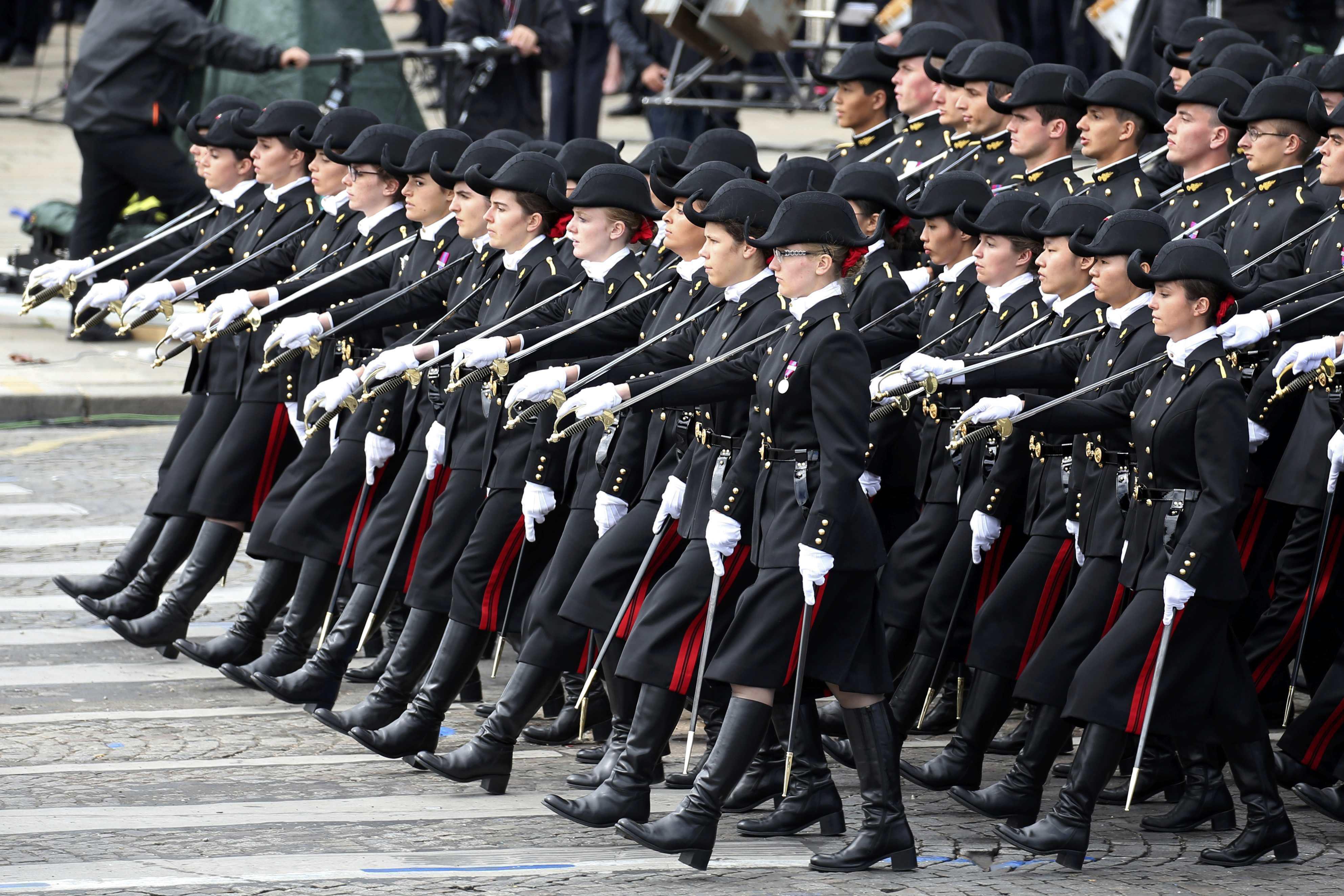 Students of the Ecole Polytechnique school march during the traditional Bastille Day military parade