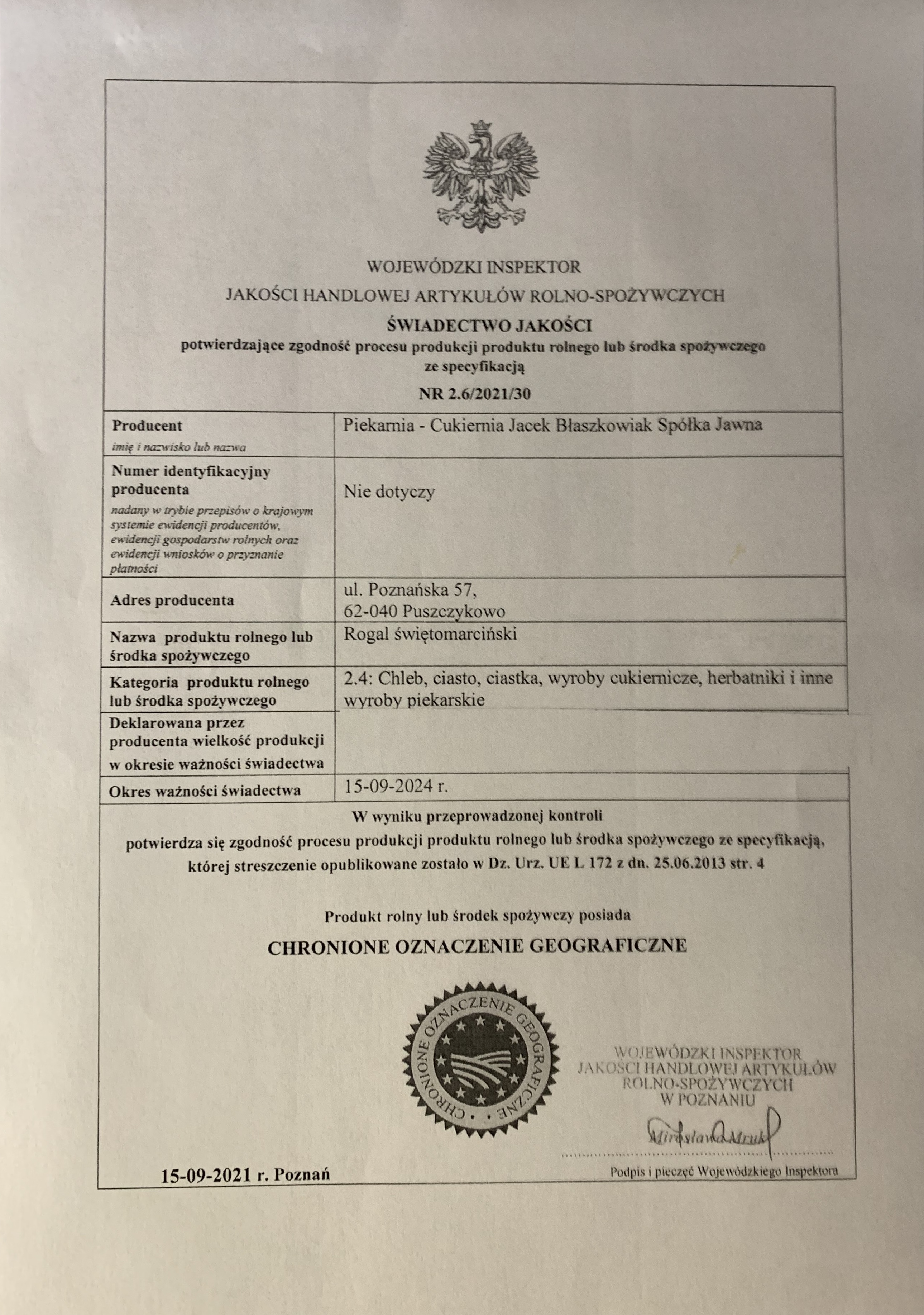 Certyfikat cukierni produkującej Rogale Świętomarcińskie