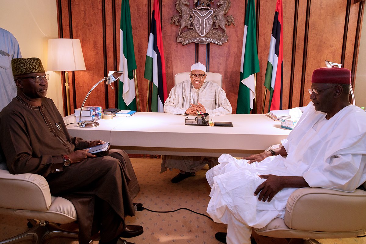 President Muhammadu Buhari with Secretary to the Government of the Federation (SGF), Boss Mustapha (left), and Chief of Staff, Abba Kyari (right), at the Presidential Villa