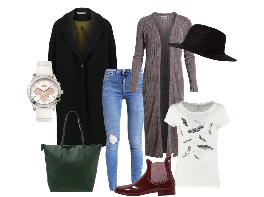 Kapelusz – OVS 99 zł, koszulka – Tom Tailor 59 zł, zegarek – Lacoste 840 zł, buty – Gioseppo 249 zł, torba – Lacoste 379 zł, spodnie – New Look 129 zł, kardigan Noisy May 129 zł, płaszcz – Noisy May 299 zł.