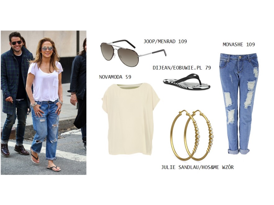 Na co dzień Jenifer, jak wiele gwiazd, preferuje niedbały i luźny styl, ale okraszony właściwym dla niej seksapilem. T-shirt oversize i boyfriendy z dziurami zyskały seksownego charakteru dzięki dużym złotym kolczykom: mały detal - duże wrażenie.