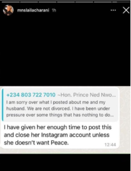 Ned Nwoko's ex-wife Laila shared screenshot of message where he allegedly threatened her