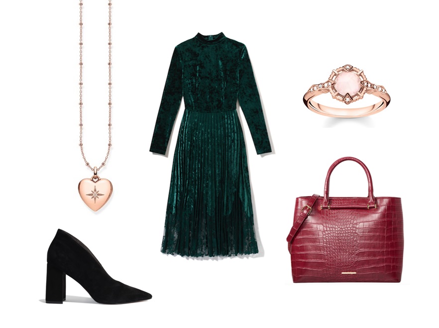 STYLIZACJE na jesien 2018: vintage. Sukienka Reserved 159,99 zł; biżuteria Thomas Sabo: wisiorek 1 151 zł, pierścionek 743 zł; torebka Mohito 139,99 zł; buty Reserved 199, 99 zł