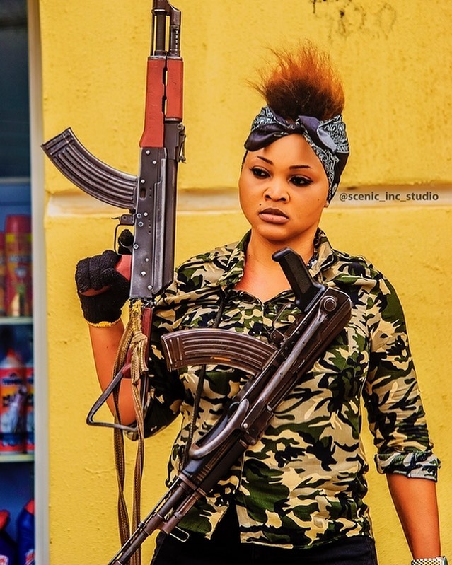 Mercy Aigbe takes on the role of an armed bandit on the new film, '77 Bullets' [Instagram/mercilicious]