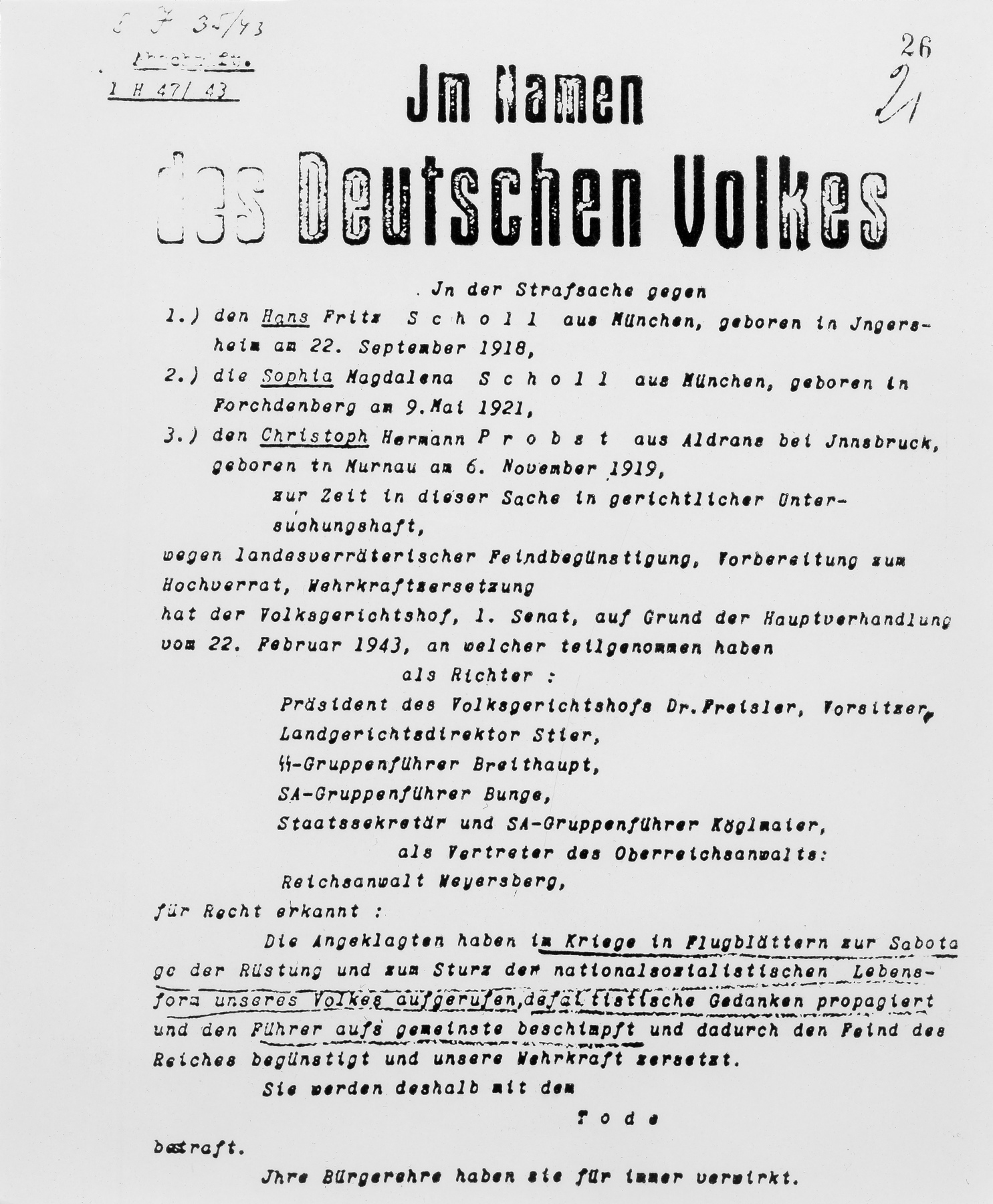 Pierwsza strona wyroku śmierci z dnia 22 lutego 1943 r., który wykonano kilka godzin po zakończeniu rozprawy. Nie powiadomiono rodzin