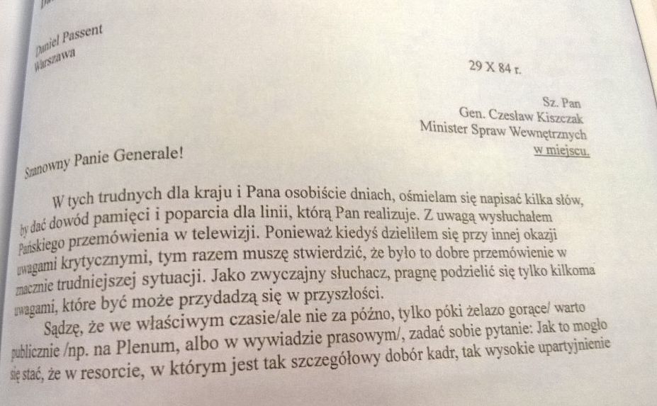 List Daniela Passenta do Czesława Kiszczaka